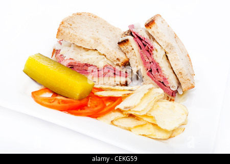 Corned beef reuben sandwich on white background Stock Photo