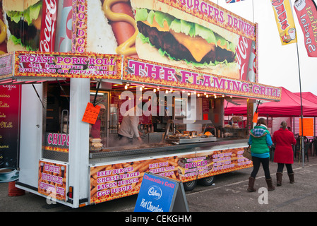 Fast Food Stall Outlet Market Retailers Refreshments Burger Hamburger Hot Dog Dogs Stalls Stock Photo