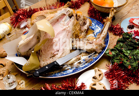Leftover Turkey On Blue And White Plate Surrounded By Decorations