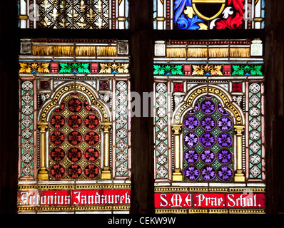 Prague, St. Vitus Cathedral, Stained Glass Window, Decorative Motifs Stock Photo