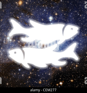 An illustration of a white silhouetted pair of fish swimming in opposite directions, set against a background of space filled Stock Photo