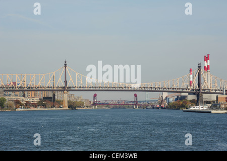 Blue sky view, from Circle Line Cruise, East Channel East River to Queensboro Bridge, Roosevelt Island Bridge, Astoria, New York Stock Photo