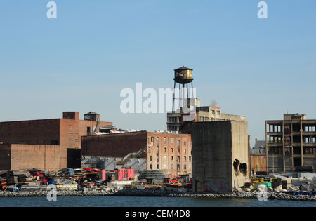 Blue sky autumn view water tank tower above urban renewal warehouses, East River Waterfront, Greenpoint, Brooklyn, New York Stock Photo