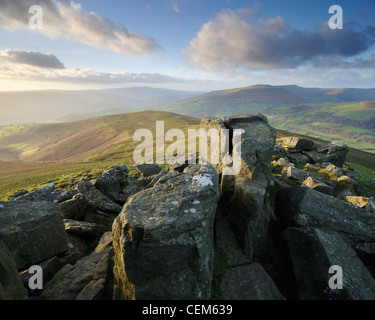 A spectacular view looking west from the top of Sugar Loaf mountain in the Black Mountains, Brecon Beacons, Wales, UK. Stock Photo