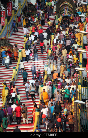 Devotees on Batu Caves steps during Thaipusam Hindu Festival near Kuala Lumpur, Malaysia Stock Photo