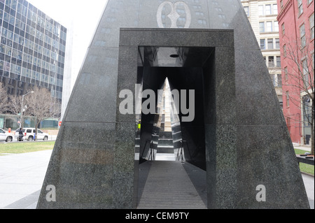 A  memorial at the African Burial Ground National Monument in Manhattan resembles ships that brought African slaves to the U.S. Stock Photo