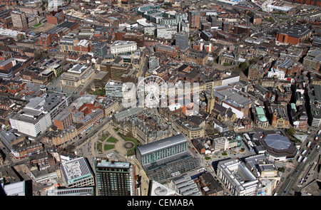 Aerial image of Sheffield City Centre. The white ferris wheel is positioned on Surrey Street / Fargate near the Town Hall. Stock Photo