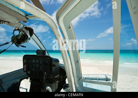 Helicopter on Vlassof Cay - a sand cay off the coast of Cairns. Great Barrier Reef Marine Park, Queensland, Australia Stock Photo
