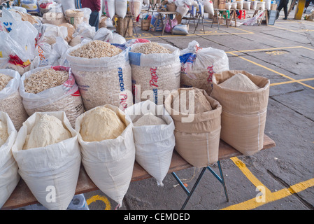 Open sacks of grains are on display for sale at the public market in Pujili, Ecuador. Stock Photo