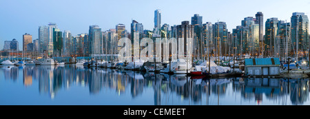 Vancouver BC Canada Skyline and Marina along False Creek at Blue Hour Panorama Stock Photo