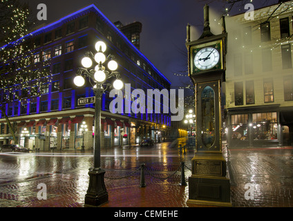 Gastown Steam Clock in Vancouver BC Canada on a Rainy Night Stock Photo