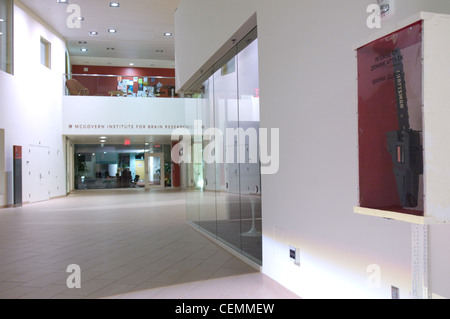 MIT hack prank zombie attack boxes chainsaw -- "in case of zombie attack break glass" boxes appeared next to the automatic defibrilator in the lobby of building 56 Stock Photo