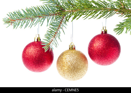 red christmas ball hanging from tree isolated on white background Stock Photo