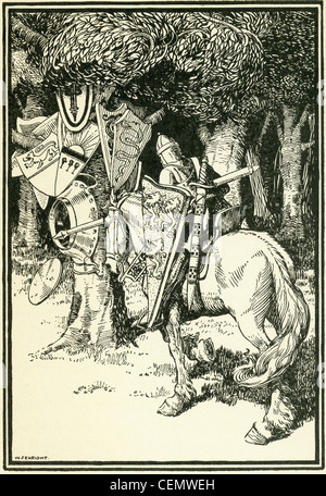 Sir Lancelot hits the bottom of an iron basin at the foot of a tree on which hung the shields of many brother knights. Stock Photo