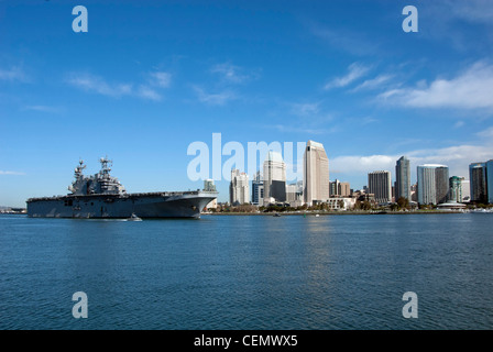 The amphibious assault ship USS Peleliu (LHD 5) transits through the San Diego Bay. Peleliu is returning from a scheduled underway in preparation for its upcoming 2012 deployment. Stock Photo