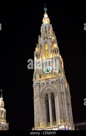 Town Hall tower detail at night , Vienna, Austria Stock Photo