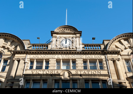 A sign over Manchester Victoria Rail Railway Train Station. Stock Photo