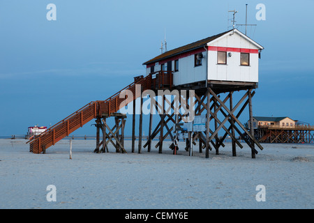 bay watch building built on stilts on the St. Peter-Ording beach, Germany Stock Photo
