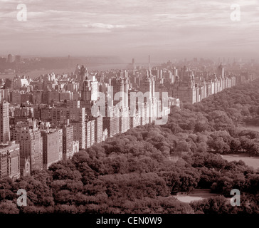 View of skyscrapers along Central Park West. The Hudson River and George Washington Bridge in the background, New York City, NY Stock Photo
