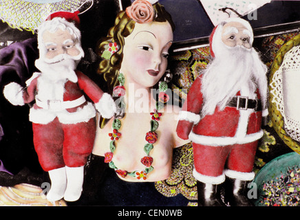 Hand colored photograph of ceramic wall decor, dolls and collectibles at street fair Still Santa Claus & Hula Female Stock Photo