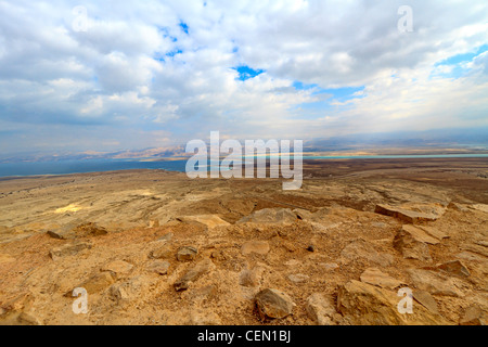 View of surrounding land and the Dead Sea from Masada, an ancient Jewish fortress in the desert of Israel Stock Photo