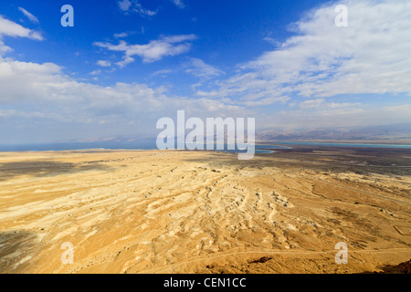 View of surrounding land and the Dead Sea from Masada, an ancient Jewish fortress in the desert of Israel Stock Photo