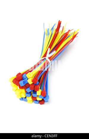 Bundle of Multicolor Nylon Cable Ties on White Background Stock Photo