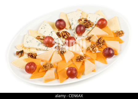 different cheese with grapes isolated on a white Stock Photo