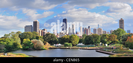 Chicago skyline with skyscrapers viewed from Lincoln Park over lake. Stock Photo