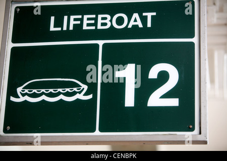 Lifeboat station sign on board passenger ship Stock Photo