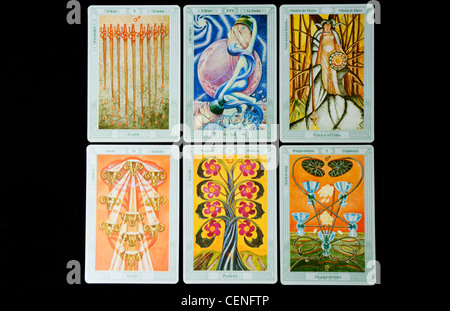 Six Tarot cards layed out in  Two rows and three columns Stock Photo