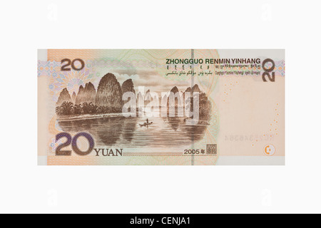 Back side of the 20 yuan bill. The renminbi, the Chinese currency, was introduced in 1949 after the founding of the PRC. Stock Photo