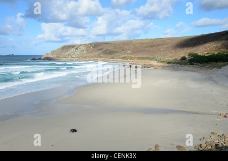 Tide Out at Gwynver Beach, between Sennen and St Just, looking towards Aire Point, Penwith, Cornwall Stock Photo