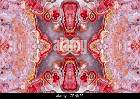 Polished slice of Jasper (opaque, fine-grained form of chalcedony) symetrical pattern made from four copies of the same image Stock Photo