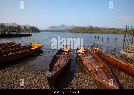 wooden rowing boats on Derwent Water in the Lake District, Cumbria, England in the town of Keswick Stock Photo