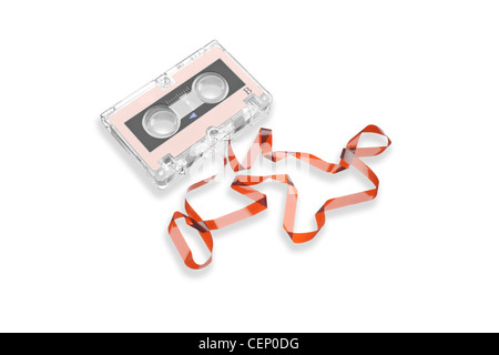 Audio tape cassette with subtracted out tape isolated on white background Stock Photo