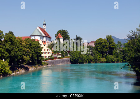 The Franciscan monastery and baroque church of St Stephan or St Stephen on a hill above river Lech in Füssen, Bavaria, Germany Stock Photo
