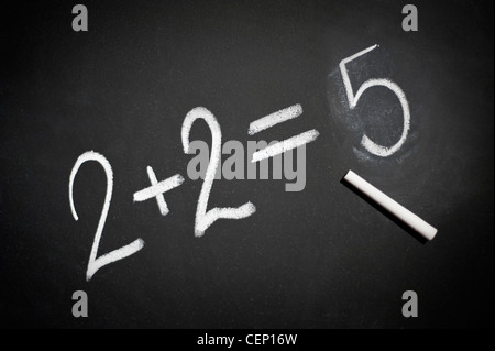 Blackboard with 2+2=5 written on it in white chalk Stock Photo