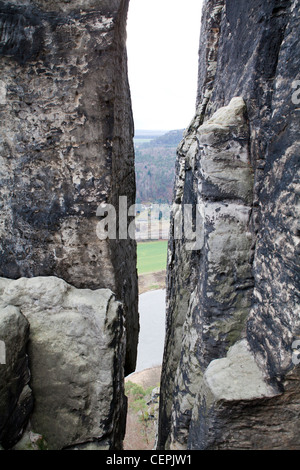 View of the Bastei, Bastei-brücke, rock formations in the Elbe Sandstone Mountains of Germany Stock Photo