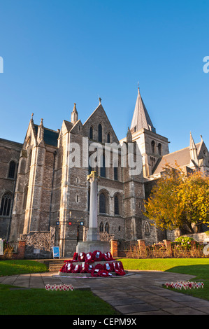 Rochester Cathedral and red poppies for Rememberance Day in Rochester, Kent, UK