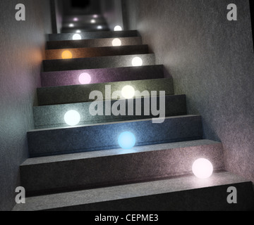 Glowing colorful lights on a staircase Stock Photo