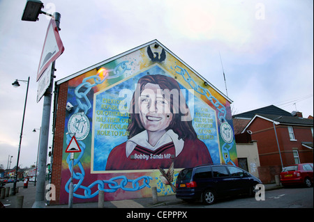 A political Bobby Sands mural on the side of a building in Falls Road. Stock Photo