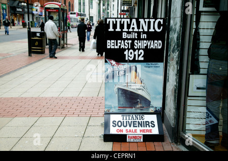 A Titanic souvenirs advert on the shopping streets of Belfast.