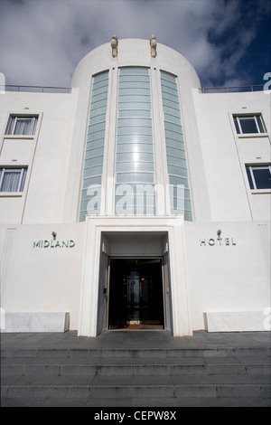 The entrance of The Midland Hotel, an Art-Deco classic on the seafront in Morecambe Bay. Stock Photo