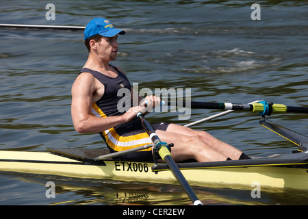 A competitor pulling hard in a single sculls race at the annual Henley Royal Regatta. Stock Photo