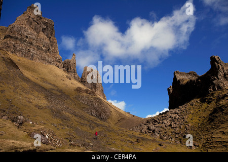 A group of walkers work their way up the Quiraing beneath the Prison on the Trotternish peninsula. Stock Photo