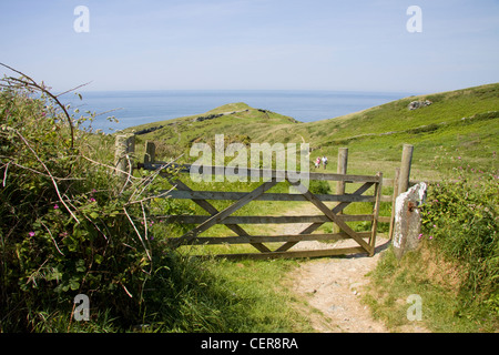 A gate across a footpath leading to Barras Nose in North Cornwall. Stock Photo