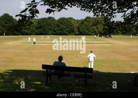 Cricket match being played on a village green. Stock Photo