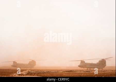 RAF Chinook helicopters on maneuvers in Moroccan desert, training for deployment to Afghanistan. Stock Photo