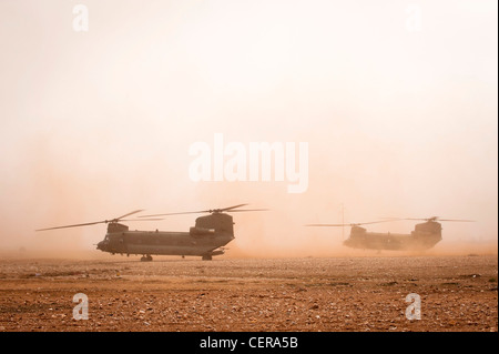 RAF Chinook helicopters on maneuvers in Moroccan desert, training for deployment to Afghanistan. Stock Photo